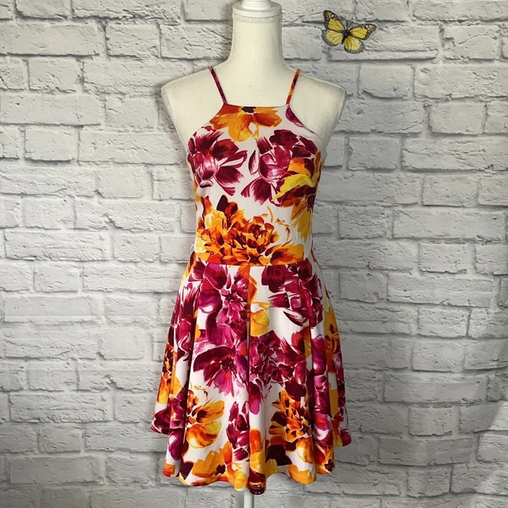 Bebe Floral Sleeveless Bib Neckline Skater Dress Size Small - Picture 2 of 9